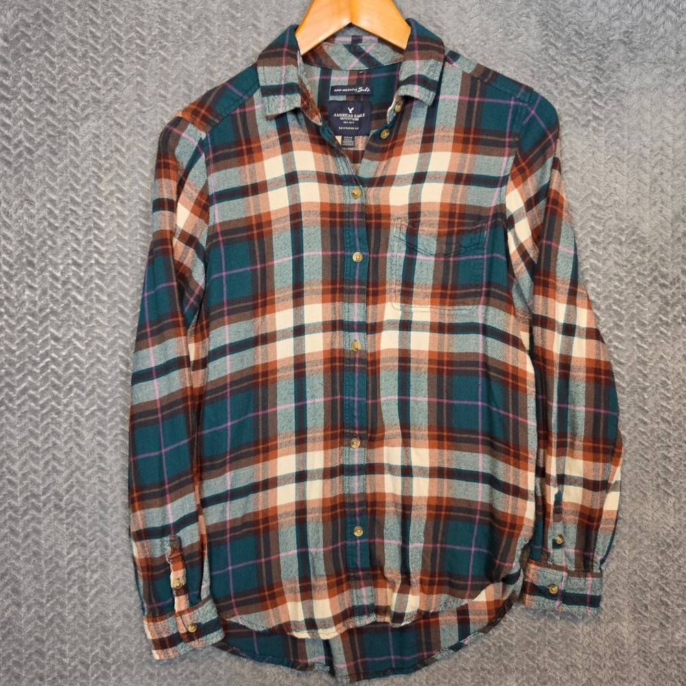 American Eagle Outfitters Women Plaid Boyfriend Fit Flannel Shirt Teal Rust S